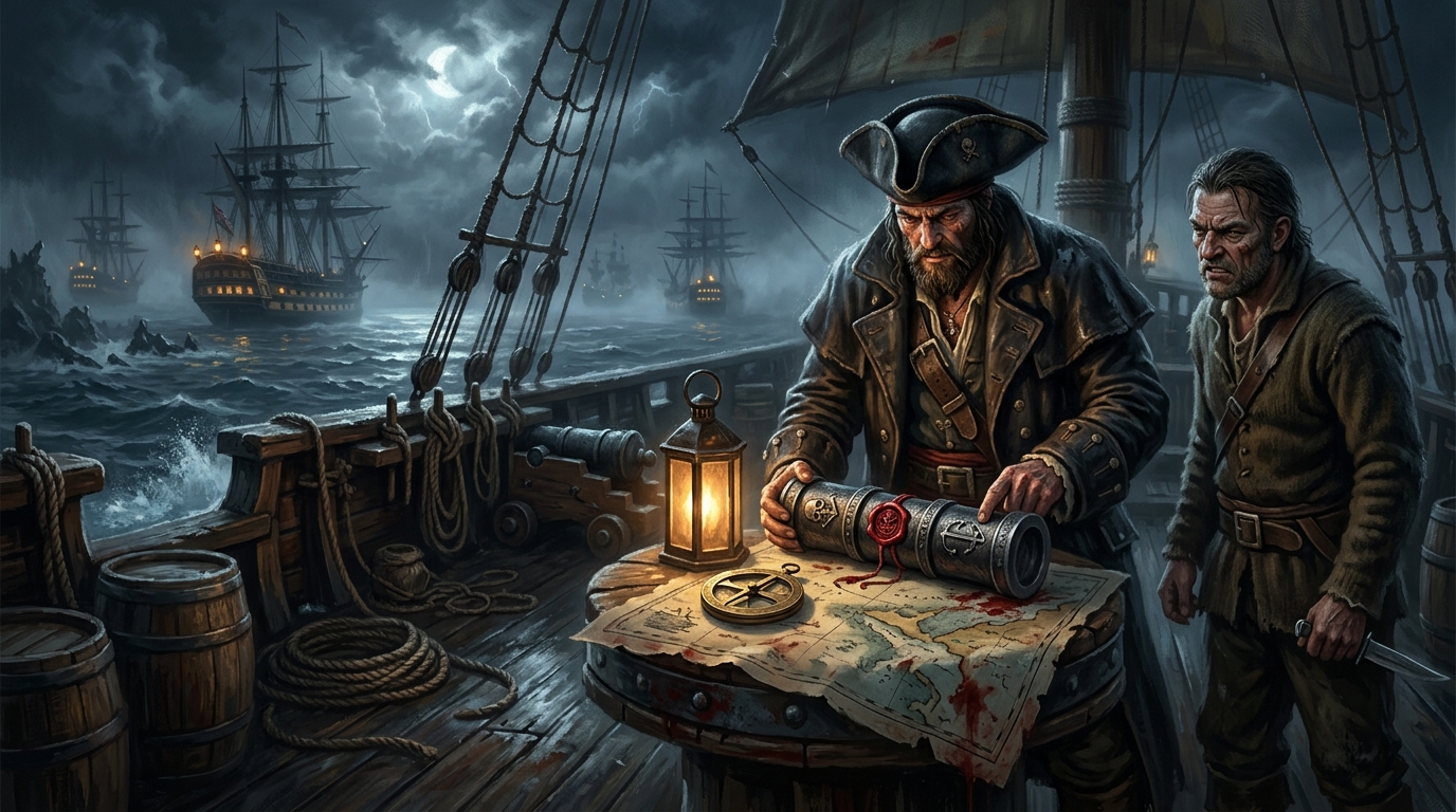 Privateers on a lantern-lit sloop deck at midnight examining an iron cipher cylinder under the shadow of a blockading naval squadron