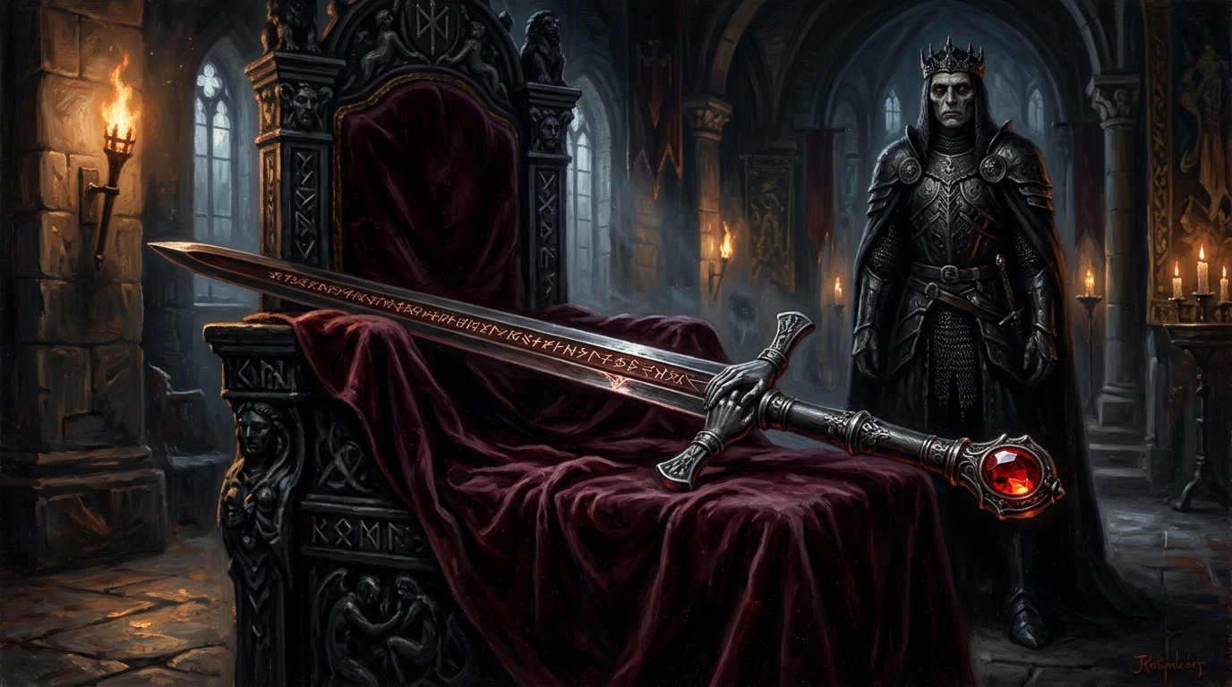 Vaelgrasp, the Regent's Ruin, a blackened silver-steel greatsword with clasped-hands crossguard and garnet pommel resting before an iron throne