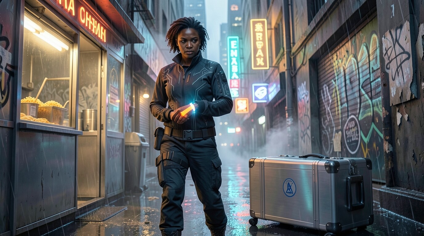 Nkiru Okafor in a dark techwear jacket with luminous orange tape wrapped around her thumb, tapping her wrist in a rain-slicked cyberpunk alleyway beside a locked biotech case outside a neon noodle kiosk