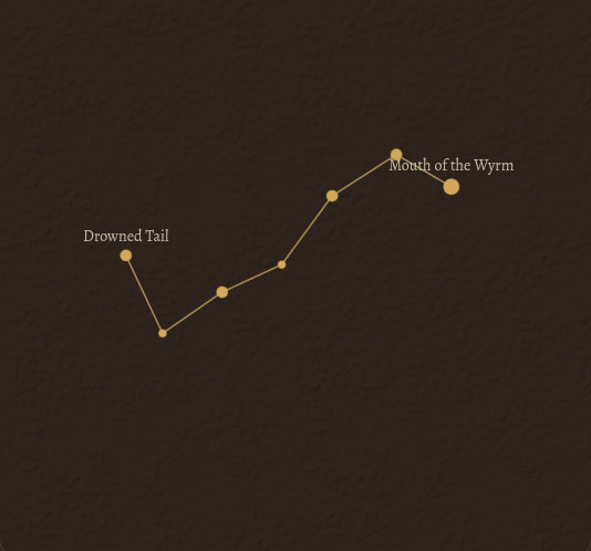 The star chart diagram for the Eel-Wyrm constellation, showing its stars named Drowned Tail and Mouth of the Wyrm connected in a winding line