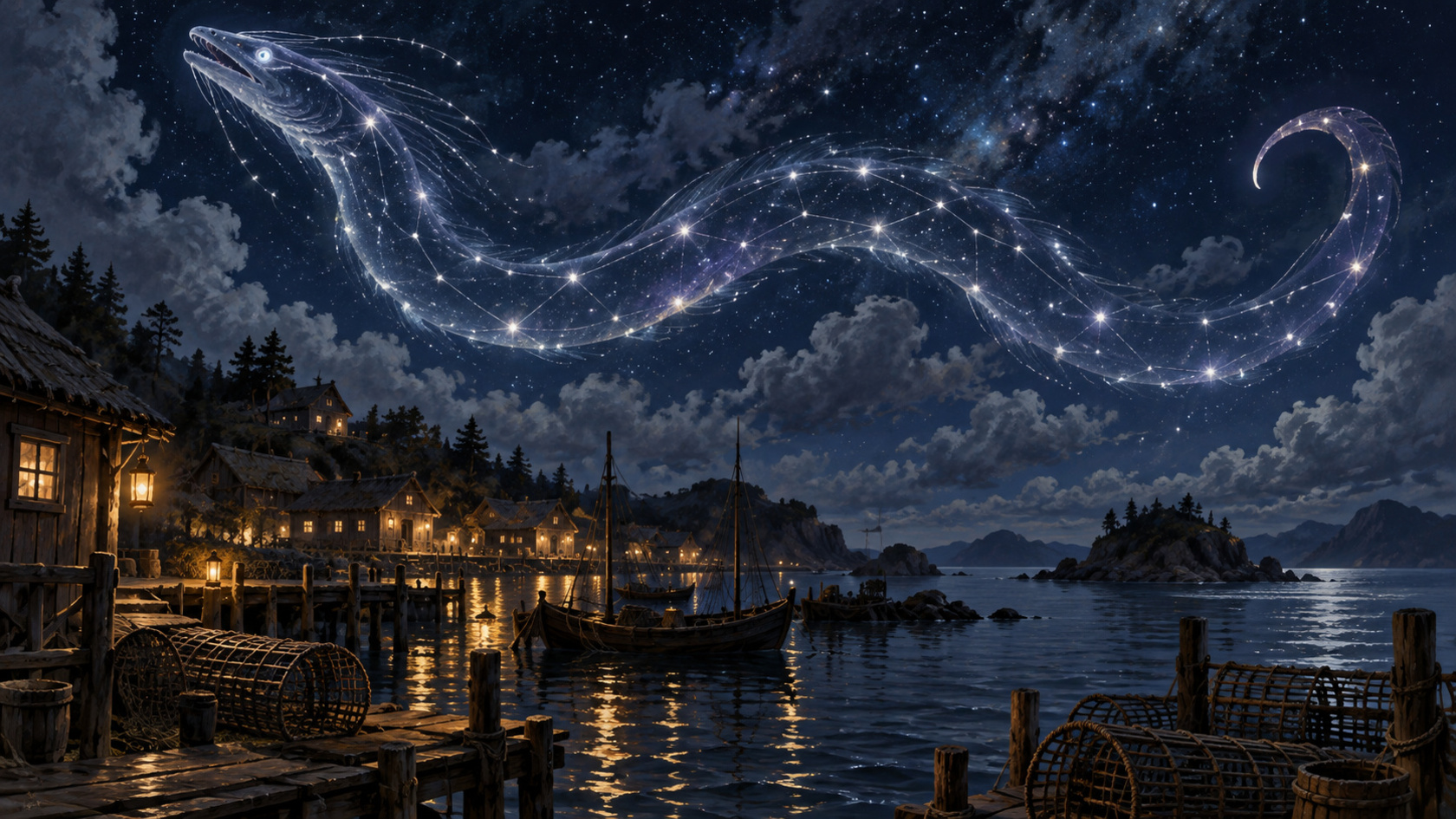 An artist's impression of the Eel-Wyrm, a serpentine star-formed creature winding across the night sky above a lantern-lit fishing village and its docked boats
