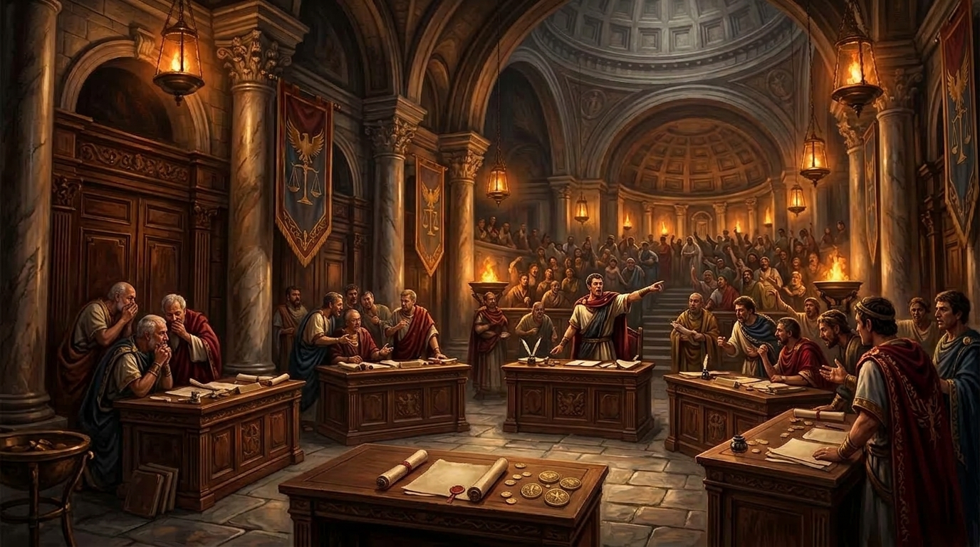 The Senate of the Republic of Karrow debating the emergency tax decree under high stone colonnades