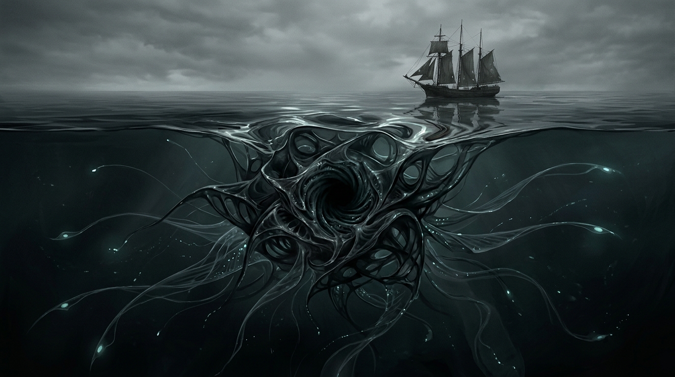 The Void-Siphon lurking beneath the glass-like water near a becalmed sailing ship under a grey sky