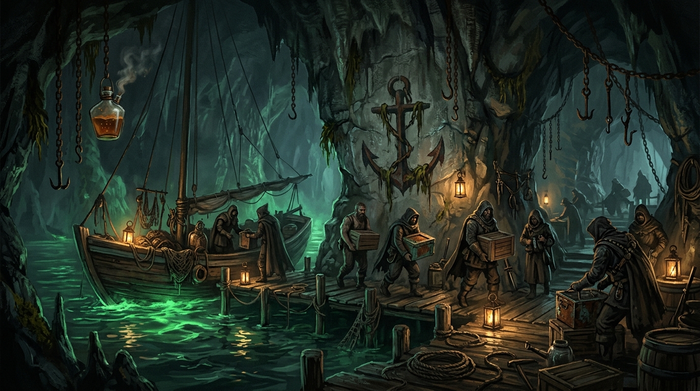 A rusted anchor fouled with rotting kelp, the sigil of a dock syndicate operating from a flooded sea-cave