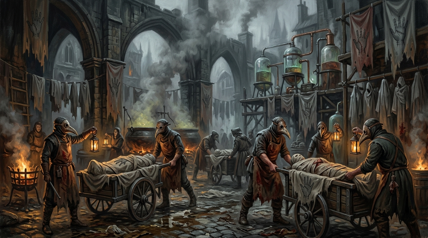 Masked wardens of The Withered Hand tending corpse carts and bone-rendering cauldrons in the Ashfield Charnel Exchange