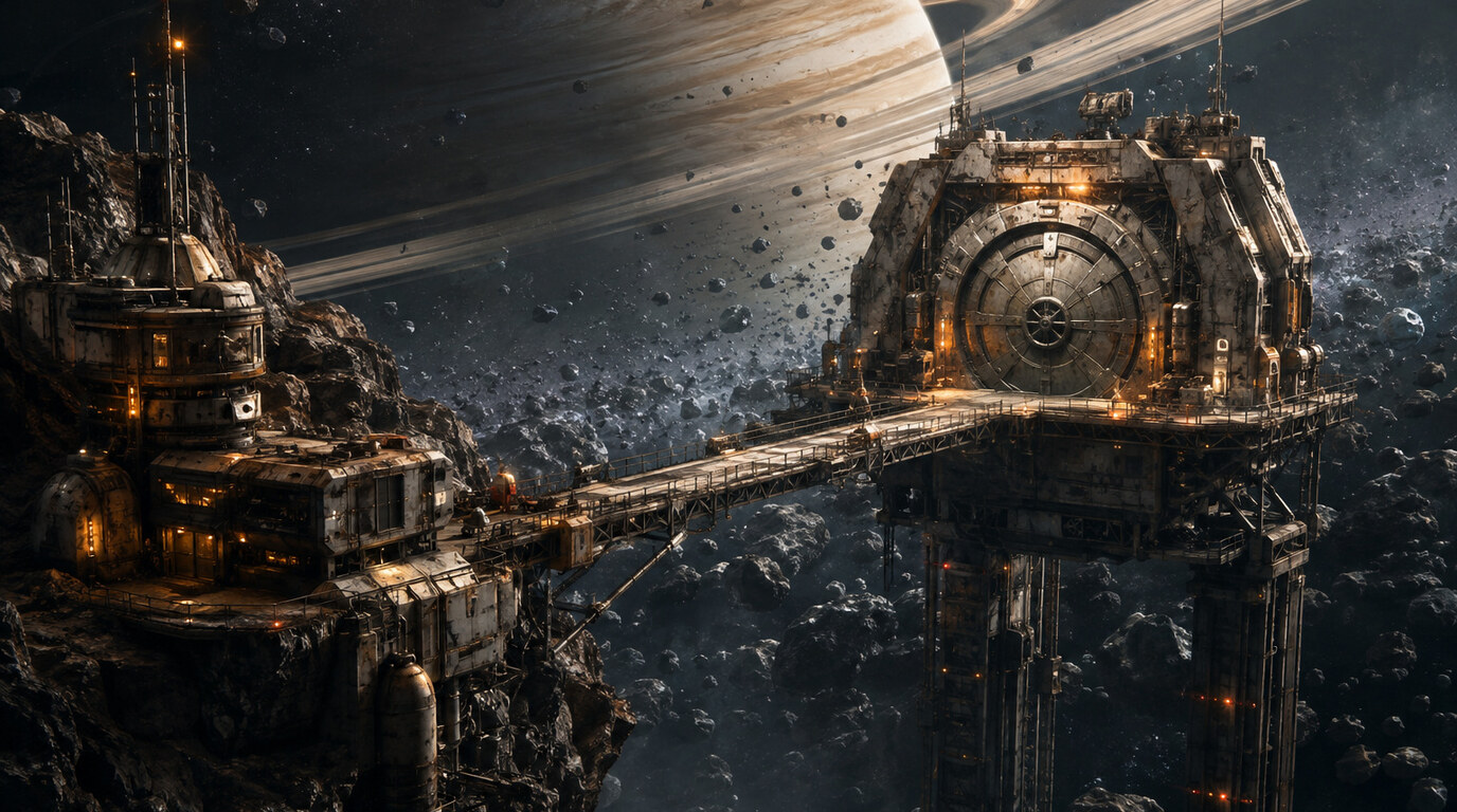 A battered frontier outpost and gantry vault perched above an asteroid belt beneath a ringed planet