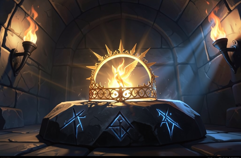 A glowing sun-gold circlet holding a trapped phoenix ember, resting on a warded basalt cradle in a torch-lit vault
