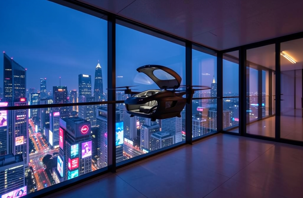 A corporate penthouse balcony at night above a neon-lit cyberpunk city skyline, a medical transport drone waiting with its hatch open