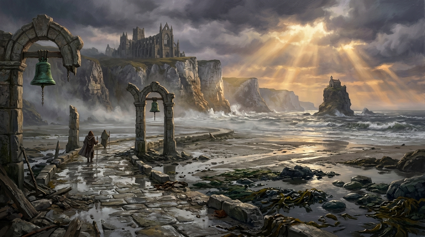 Two pilgrims walking an ancient stone causeway flanked by ruined bell arches toward a cliff-monastery and sea-stack chapel as the tide recedes
