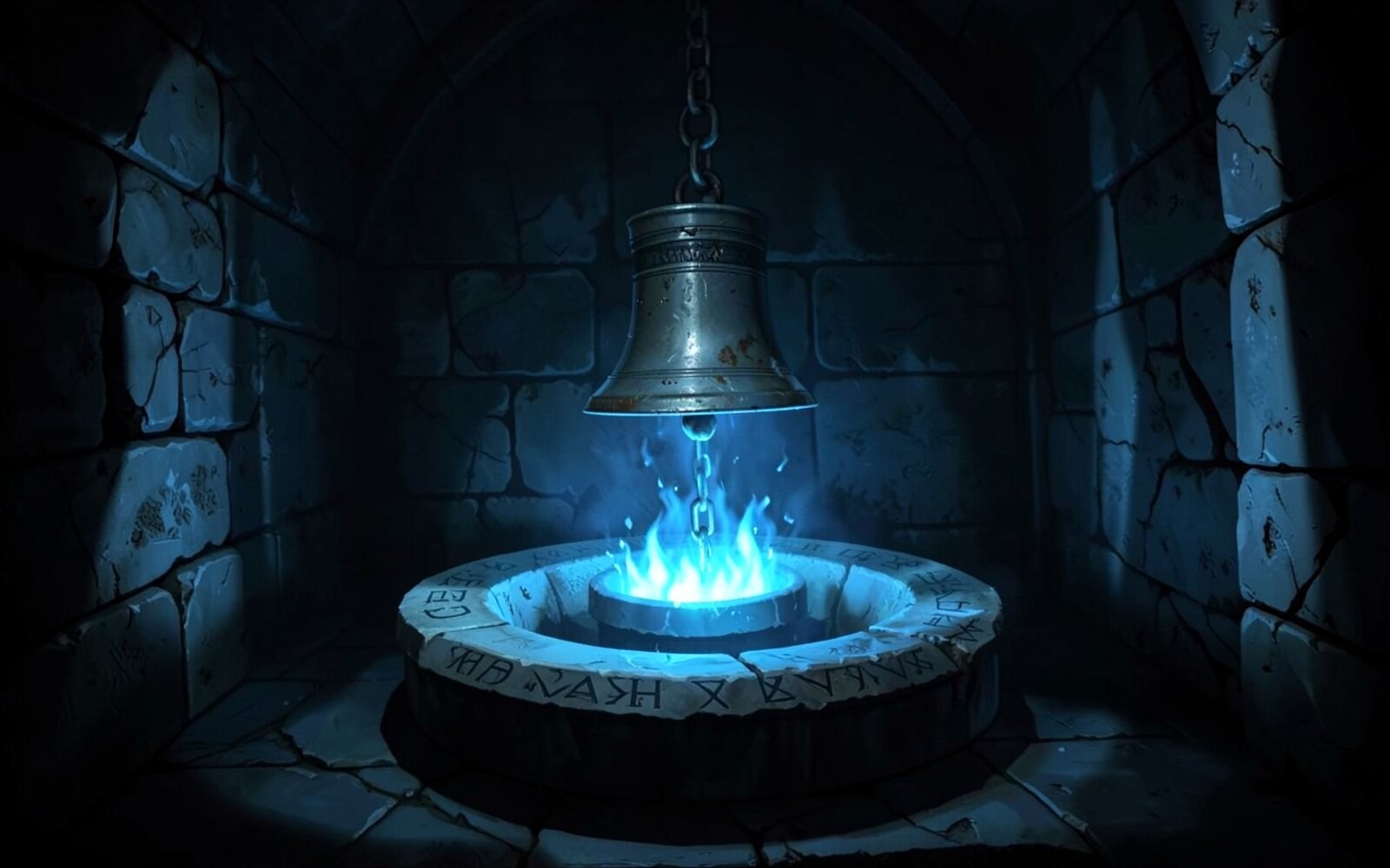 A tarnished silver bell hanging without chains over a basin of pale blue flame in a ruined stone abbey crypt