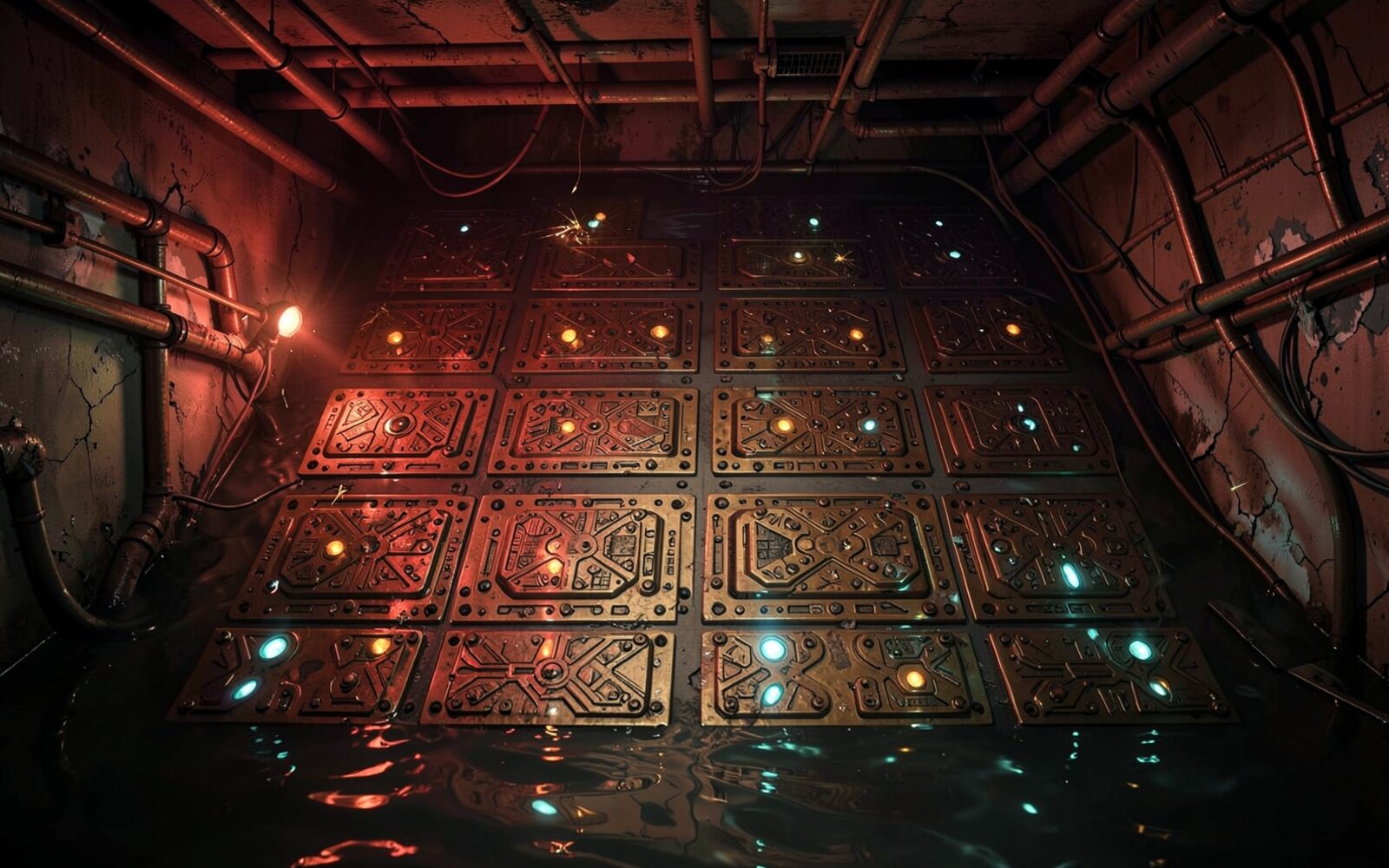 A flooded underground transit vault with a six by six grid of brass route plates and glowing indicator lamps