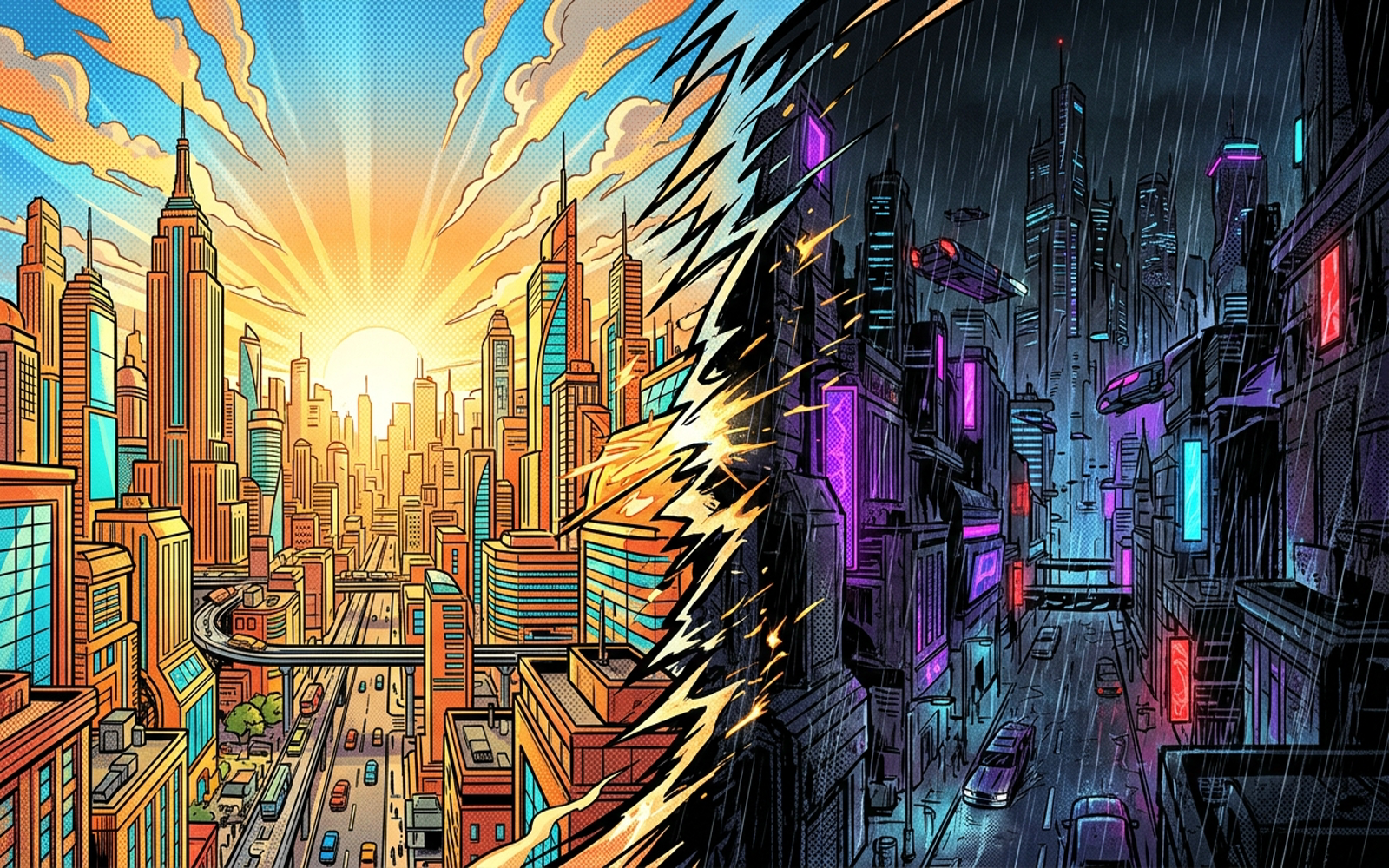 Heroes confronting a supervillain above a comic-book city skyline