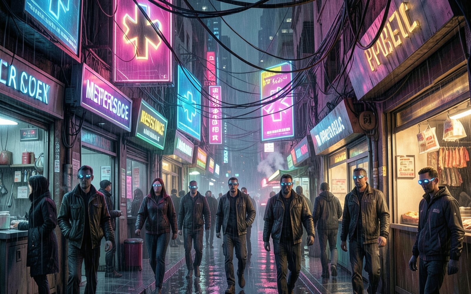 A vertical slum of corrugated shanties and fibre-optic cable strung through the ribs of an abandoned transit terminal under violet holographic light