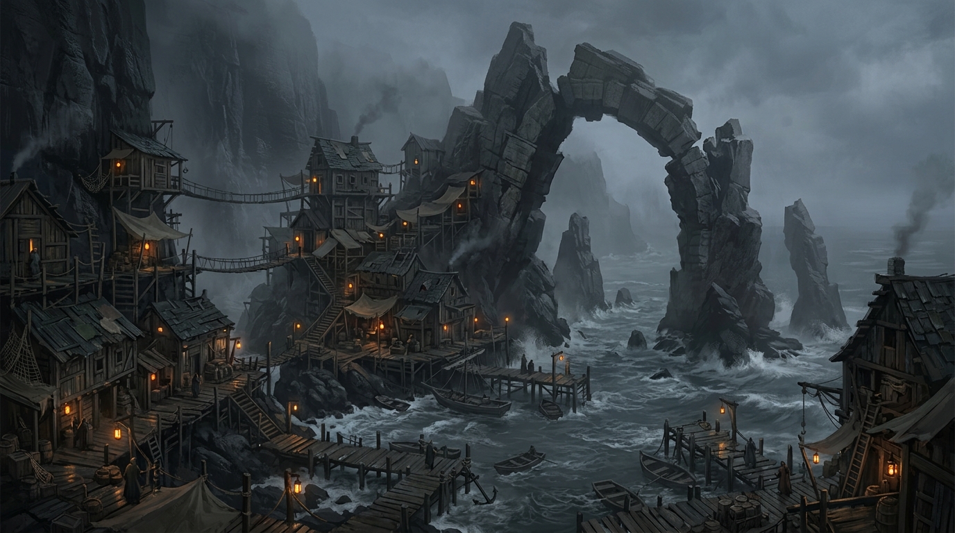 A fog-drowned coastal town of timber warehouses clinging to black limestone stacks above a tidal cove