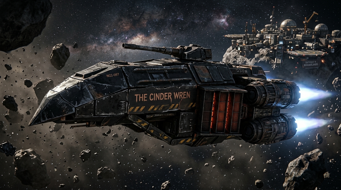 A scarred frontier freighter and gunship with coal-black salvaged plating and burning blue-white thrusters navigating an asteroid belt