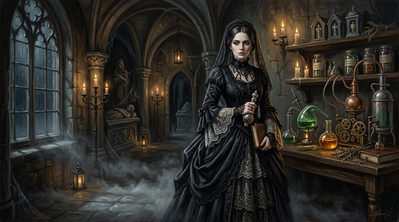 Lady Vivienne Morvath in mourning silks standing before her alchemical embalming apparatus in Morvath Manor