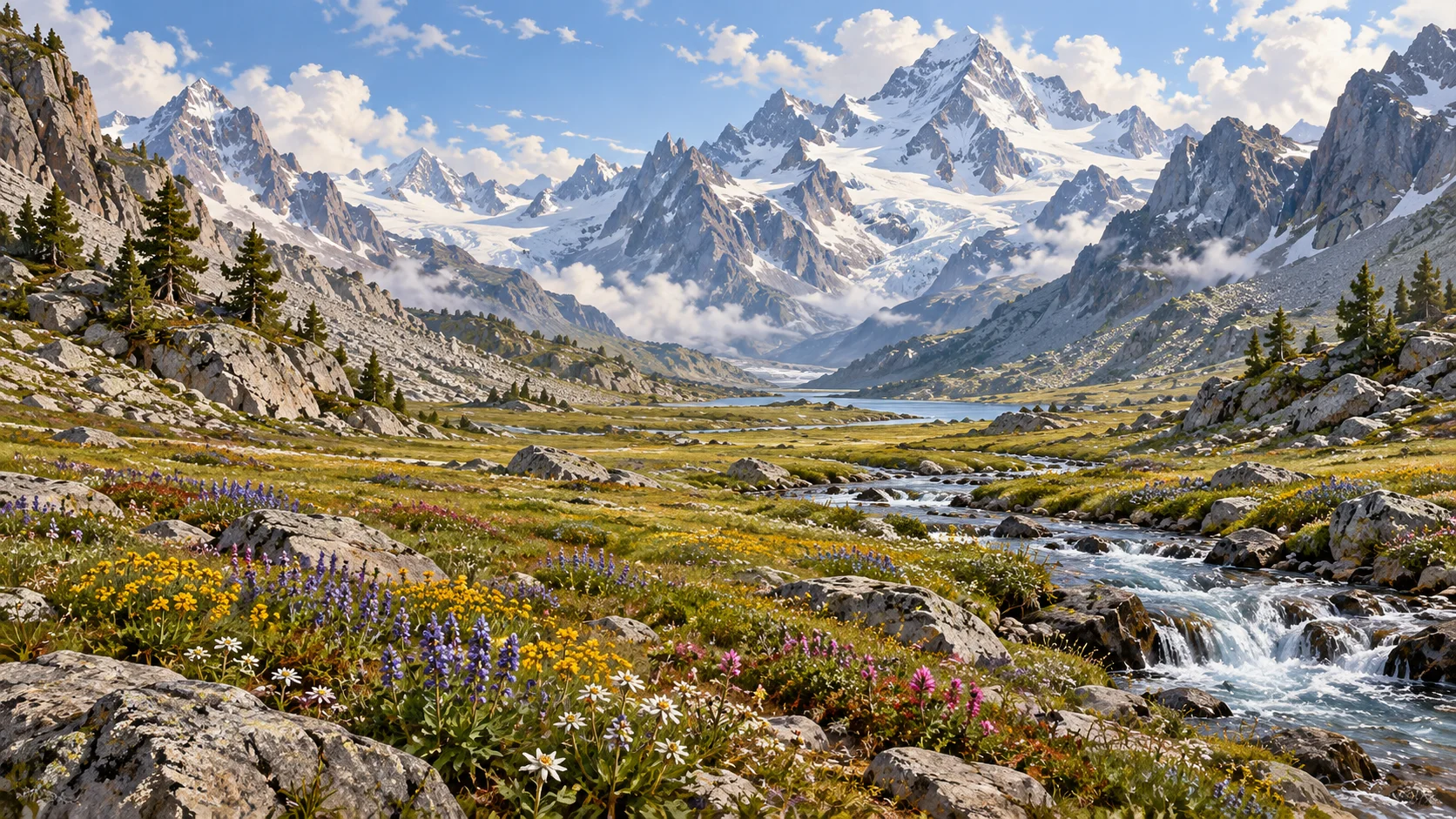 A high mountain valley with a treeless alpine meadow, scree slopes, snow-covered peaks and a few stunted pines.