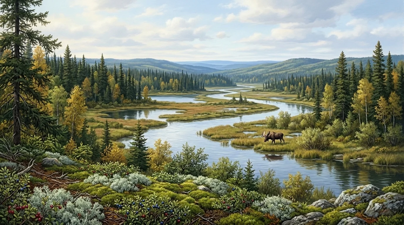 A spruce and fir forest beside a still lake, with moss on the ground and early snow on the far hills.