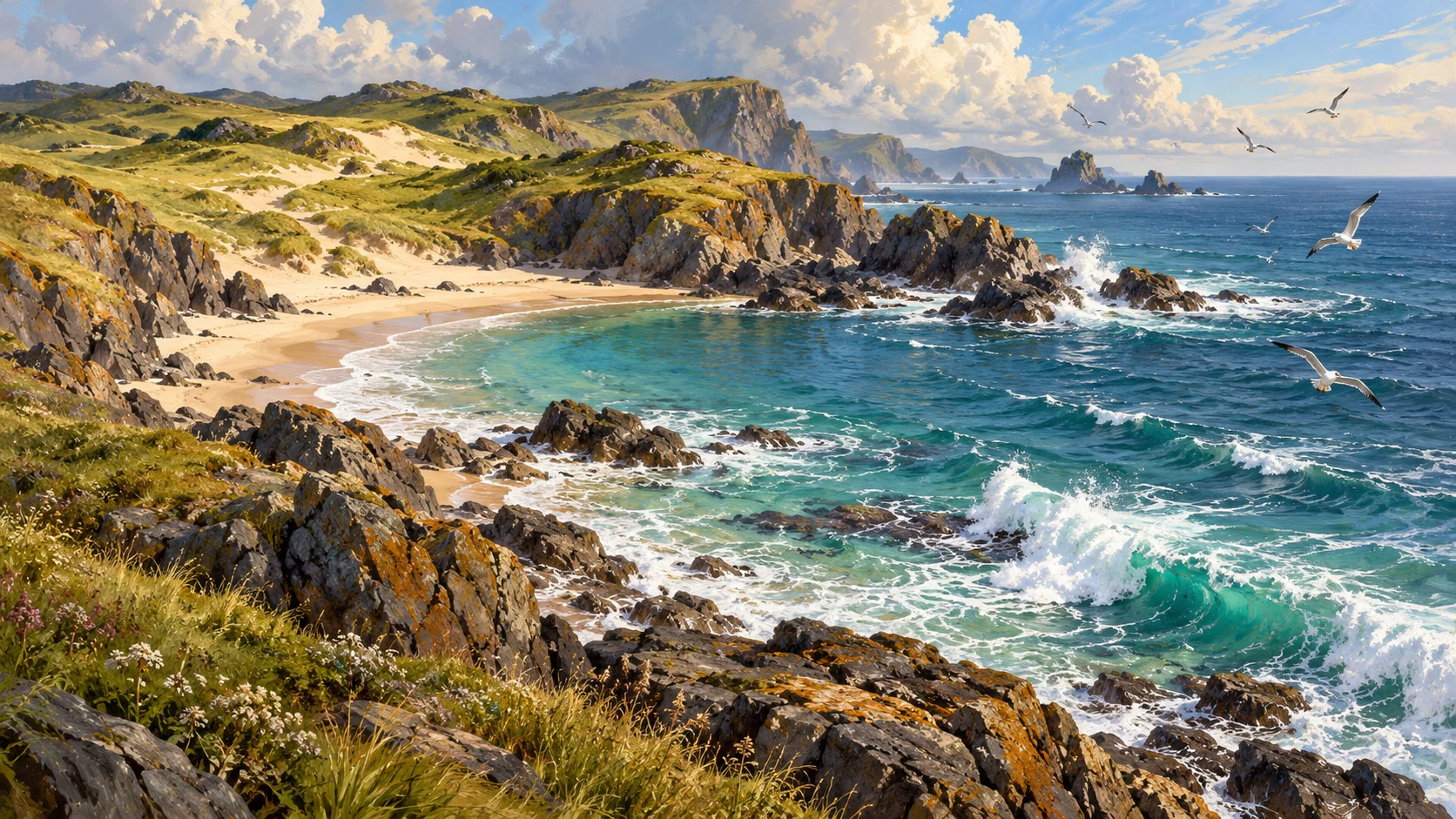 A rocky shoreline with a sandy cove, grass-topped dunes, breaking waves and seabirds over the water.