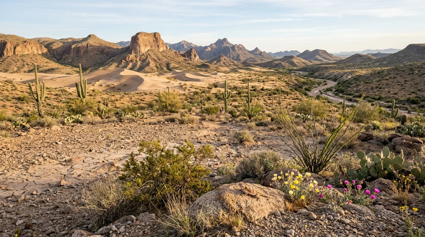 A desert of rock and sand with dunes in the distance, a few dry shrubs and a pale sky at dusk.