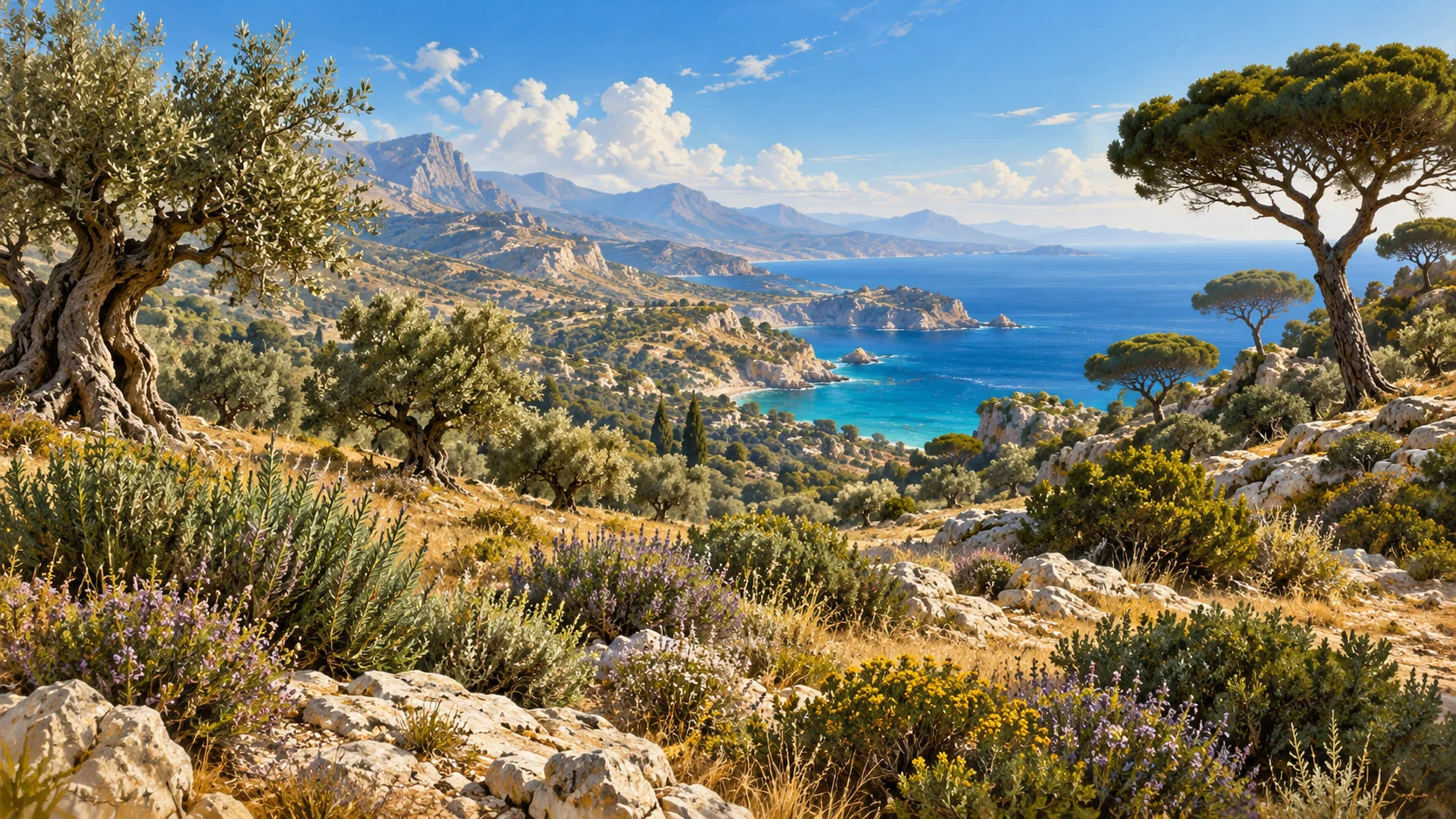 A sun-drenched Mediterranean coastal landscape with rolling limestone hills, dry aromatic scrub, olive trees and stone pines.
