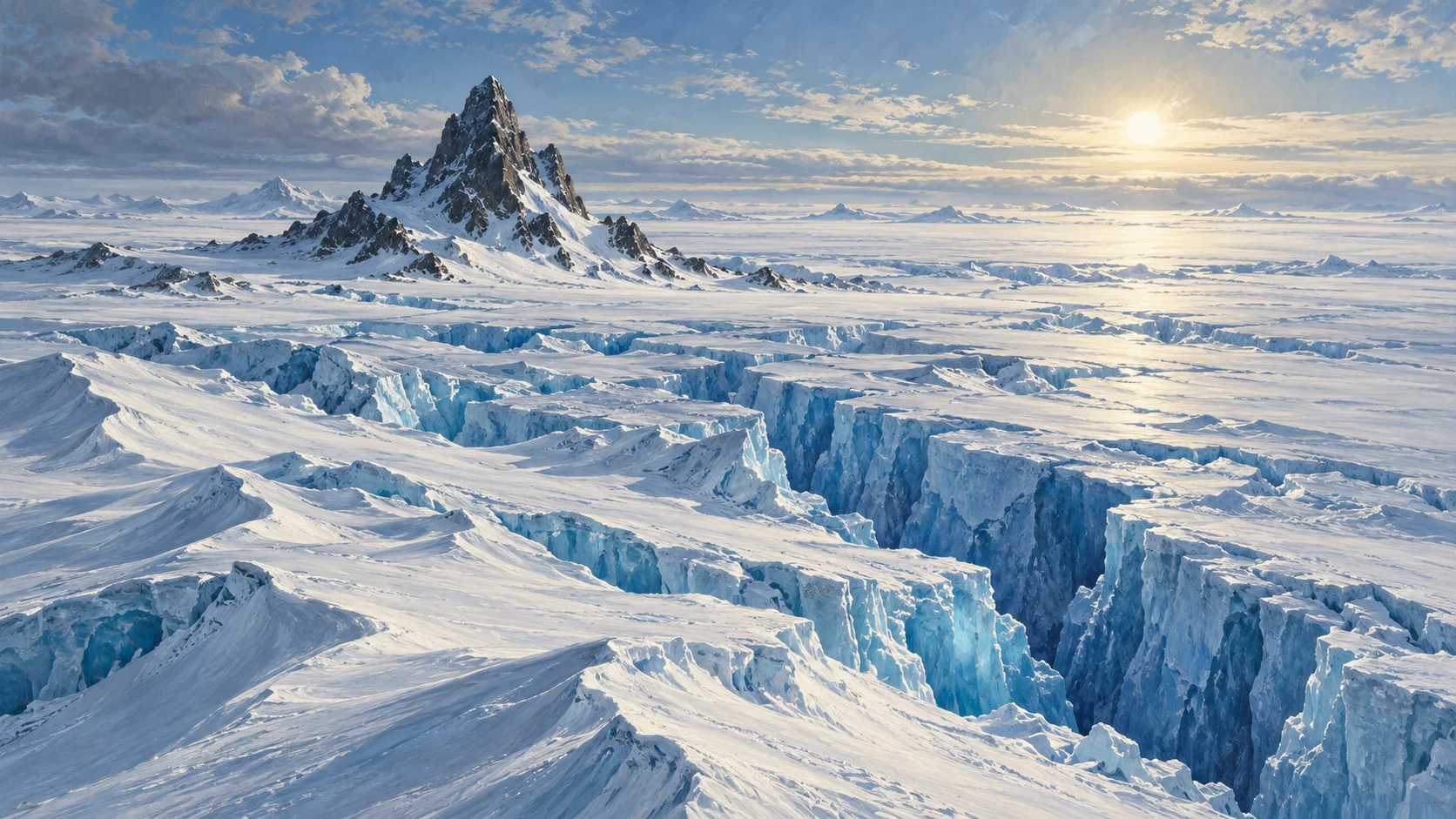 A sweeping polar ice sheet with sculpted blue glacial crevasses, snow ridges, a lone jagged black nunatak peak and low polar sun.