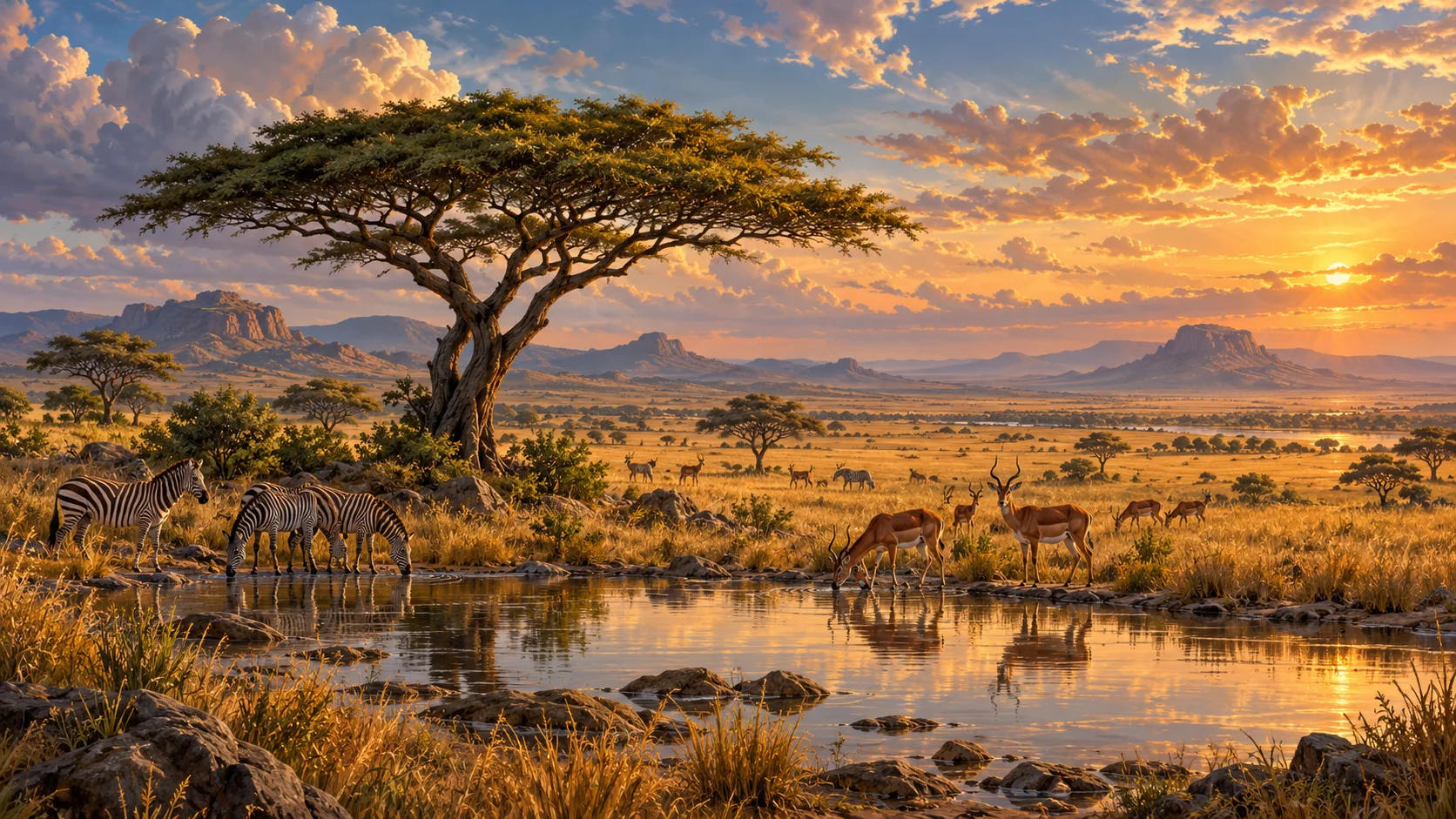 Golden grassland with a lone acacia tree, a herd of grazing animals and a waterhole under a wide sky.