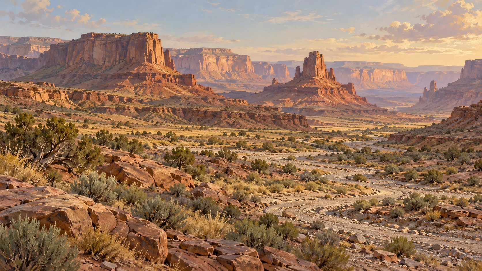 A rugged semi-arid landscape with sandstone mesas, dry gravel washes, sagebrush and sunlit canyon walls.