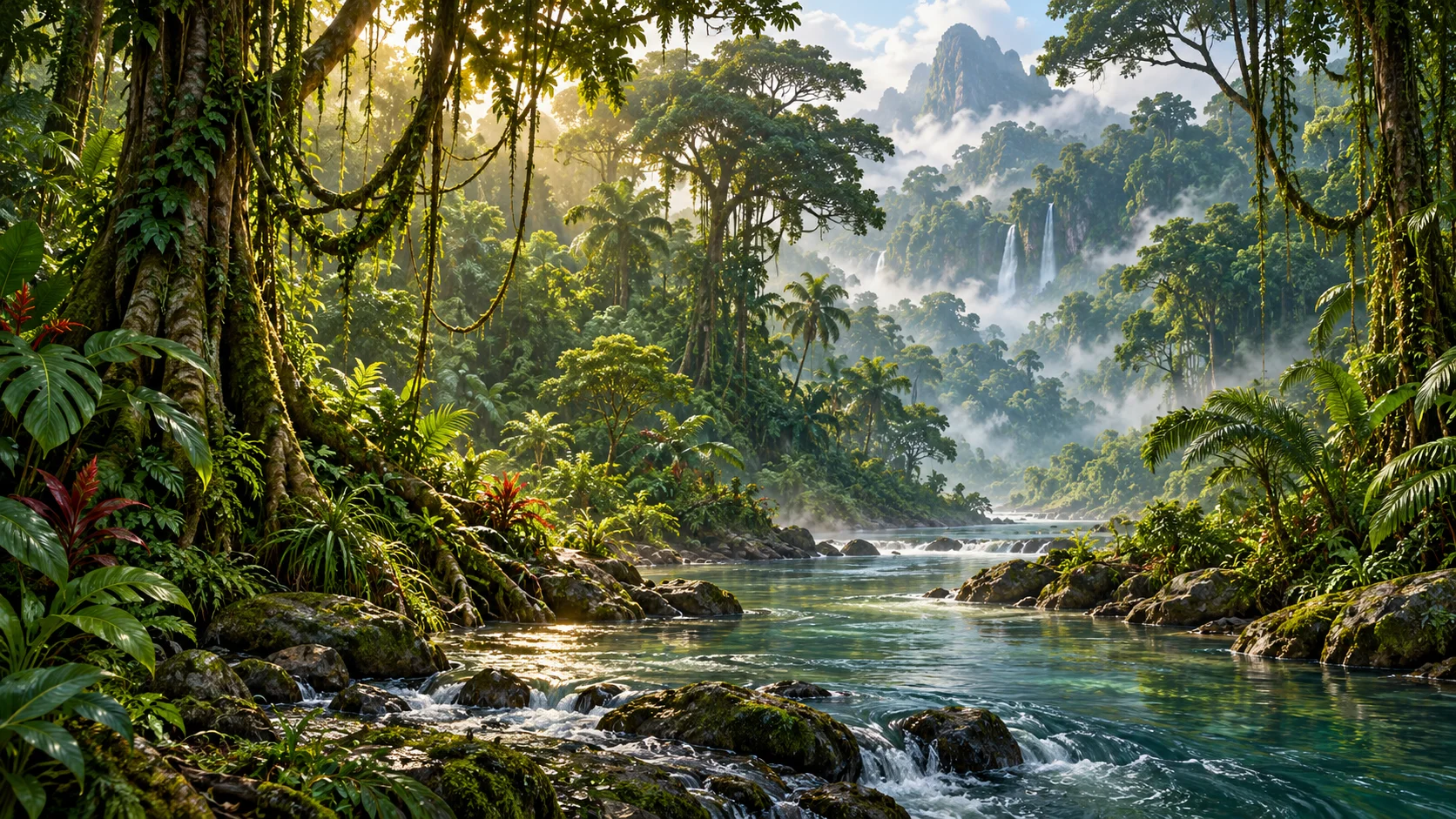 A river winding through dense rainforest with tall layered trees, hanging vines and mist under the canopy.