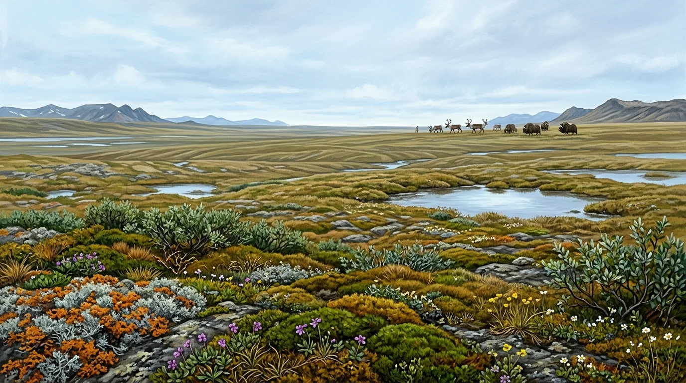 A flat, treeless plain of low sedges and lichen with small pools, patches of snow and a pale low sun.