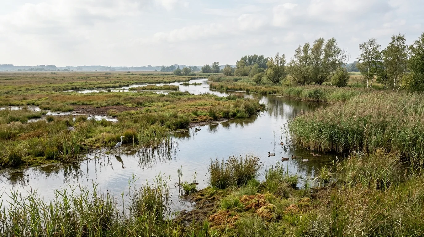 A shallow wetland of reeds and still water with a heron in the foreground and mist over distant trees.