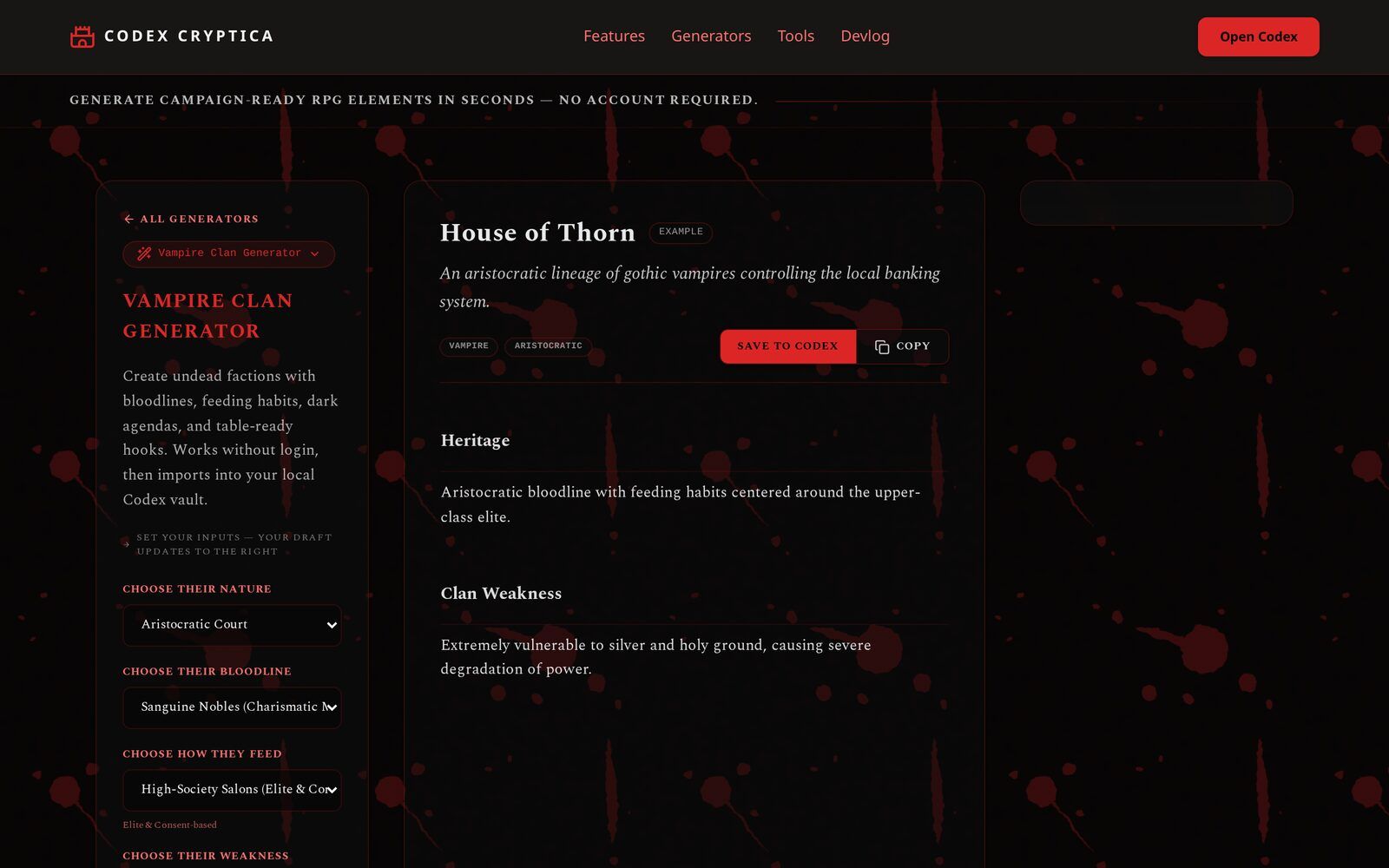 The public vampire clan generator with its form on the left and a generated draft on the right.