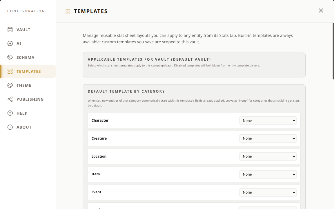 Settings screen showing Default Template by Category with a dropdown per entity category