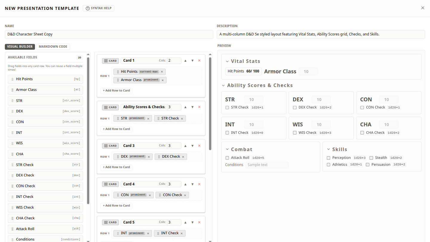 The Presentation Template Visual Builder, showing draggable field cards on the left and a live preview on the right