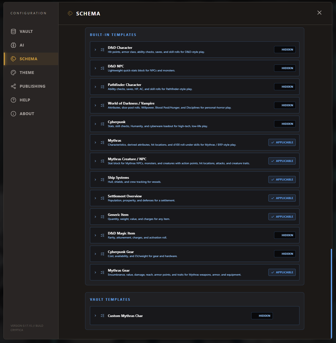 Schema settings showing built-in and vault Stat Sheet templates