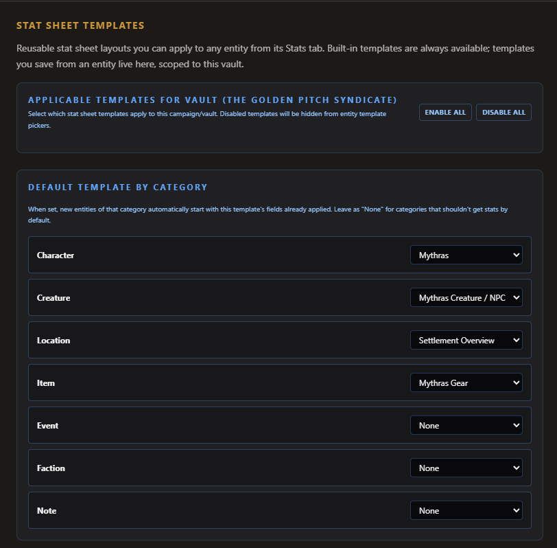 Stat Sheet Templates manager showing vault availability and default templates by category