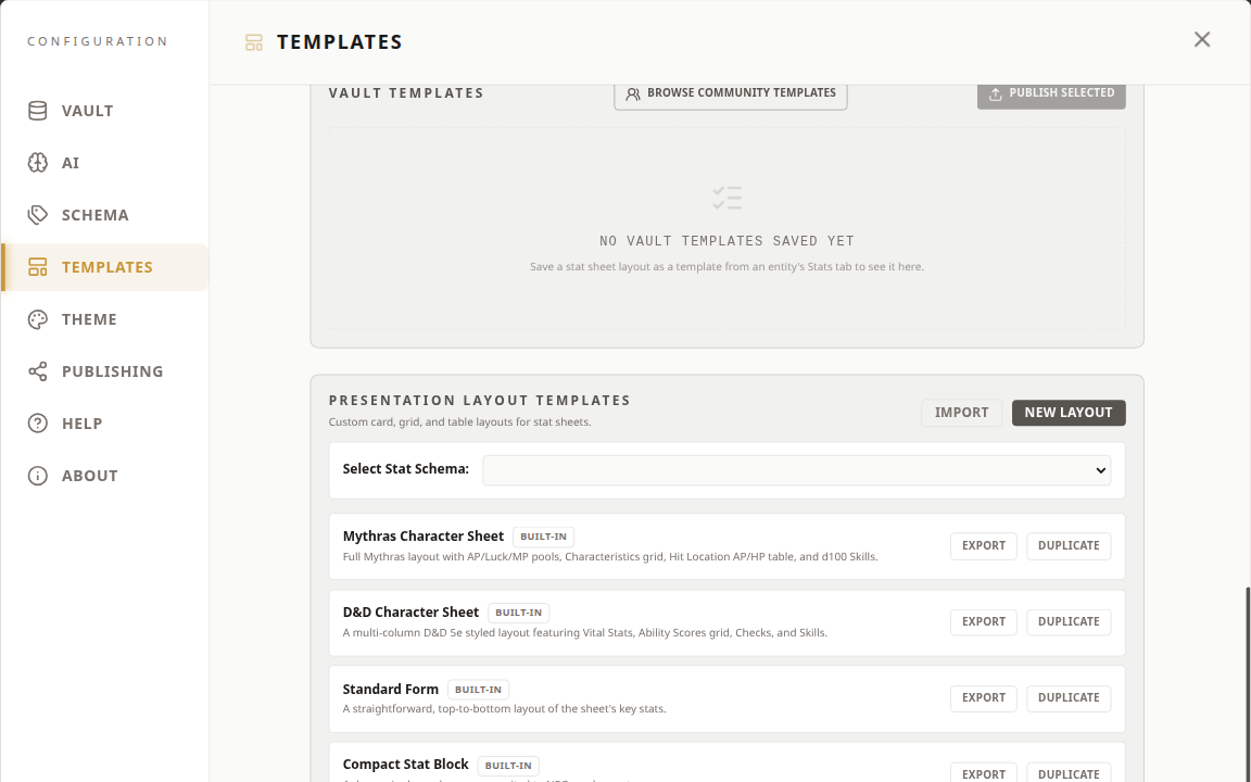 Settings screen showing Vault Templates with Browse Community Templates and Publish Selected, and Presentation Layout Templates with Import and per-template Export/Duplicate