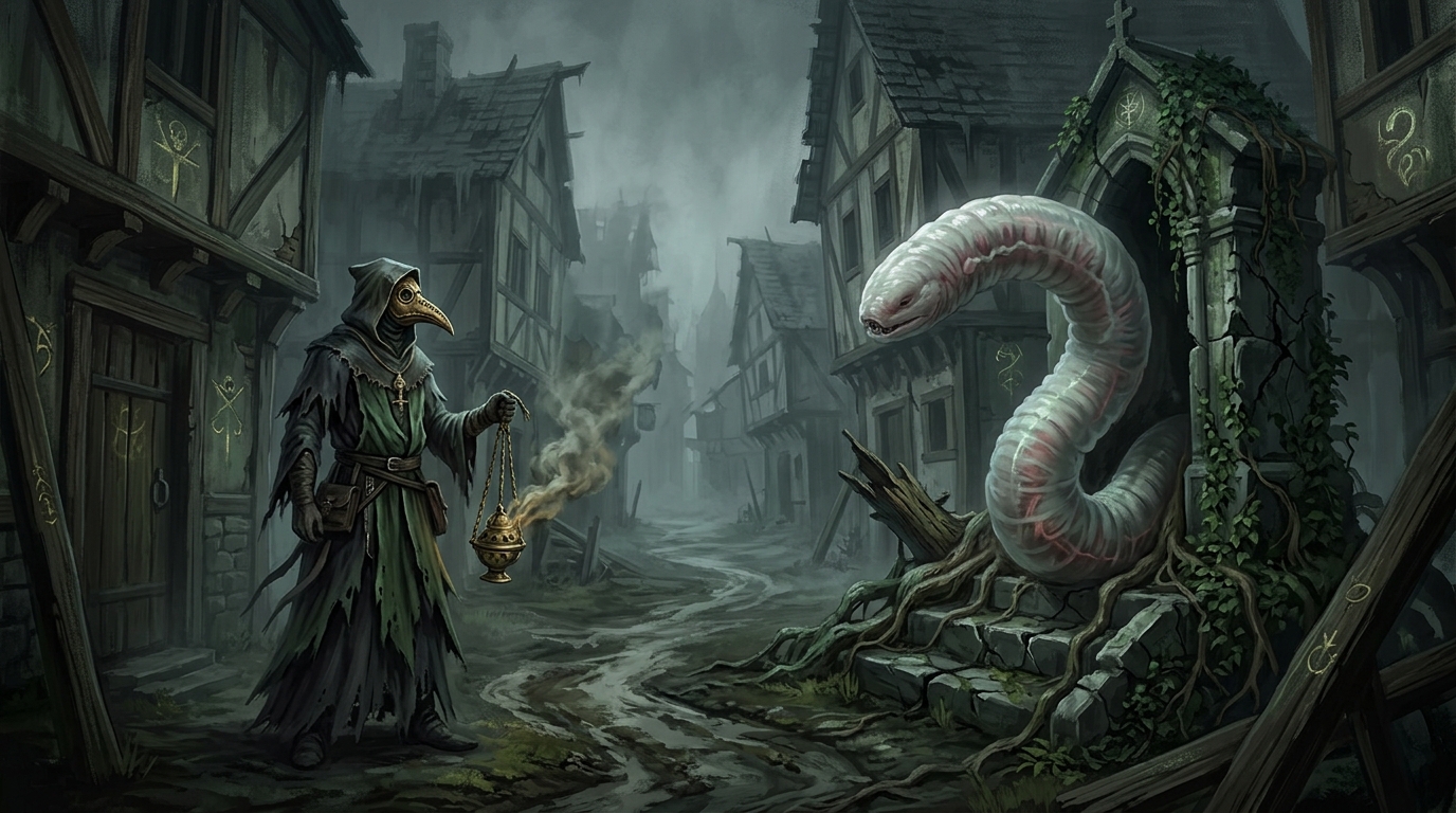 A masked plague priest and a giant worm demon at a ruined shrine