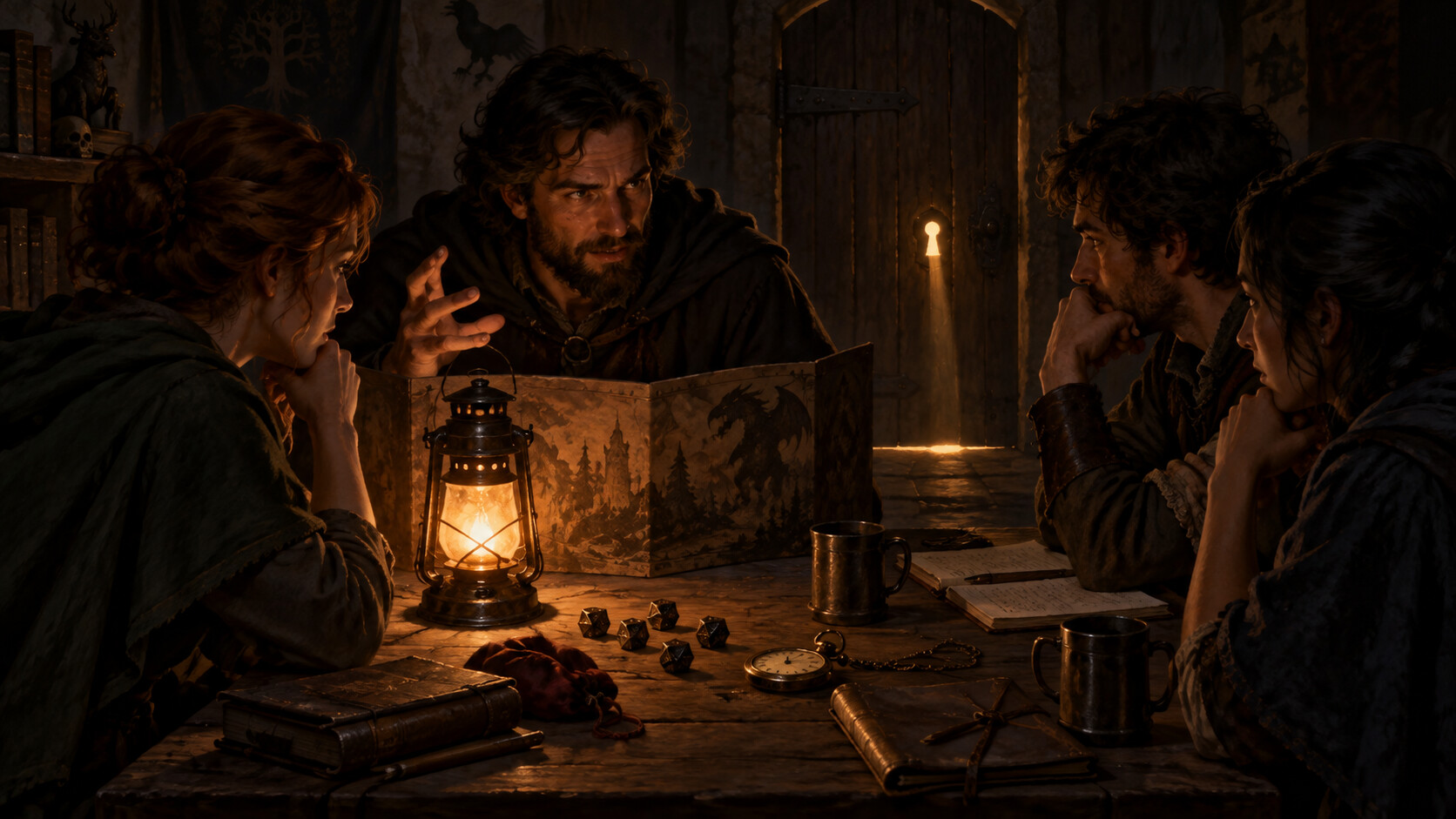 A single tense tabletop RPG scene at a locked mill door lit by a lantern, dice and a stopwatch on the table
