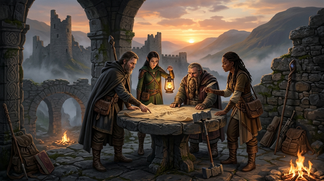 Four spellcasters plan a route around a map on a stone table in a highland ruin at golden hour
