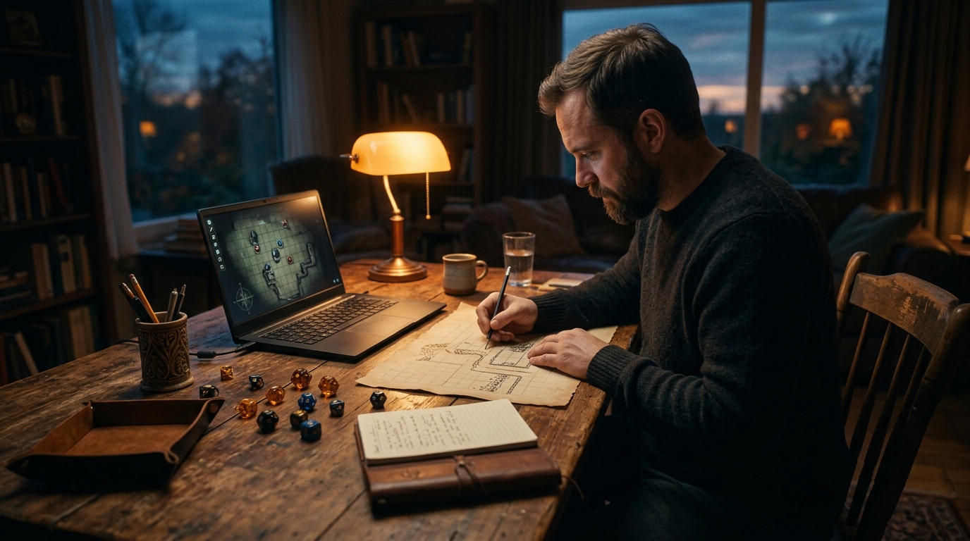 A game master at a wooden desk at twilight sketching a gridded battle map on paper beside a laptop showing a grid map with tokens, dice and a notebook nearby