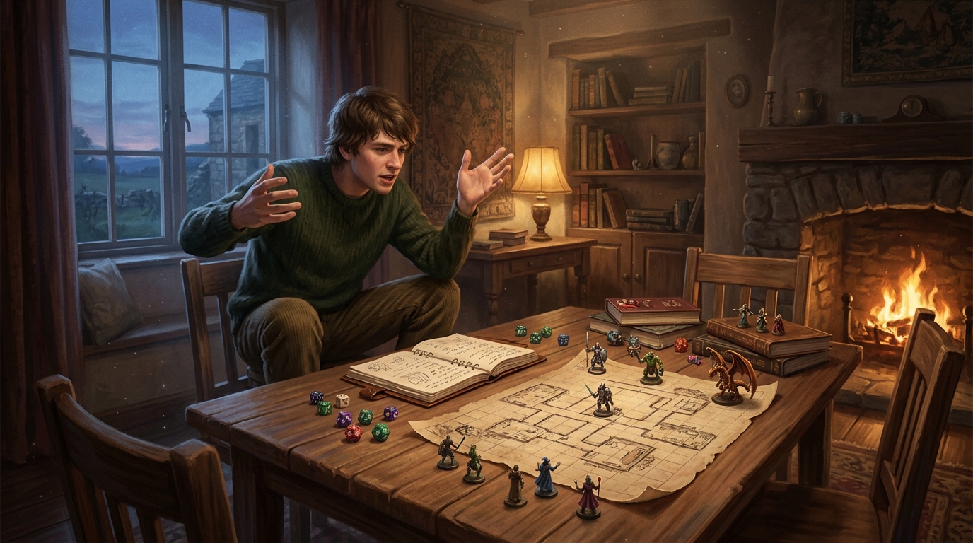 An aspiring Dungeon Master rehearsing aloud alone at a table with dice, a notebook, miniatures and a sketched dungeon map by firelight