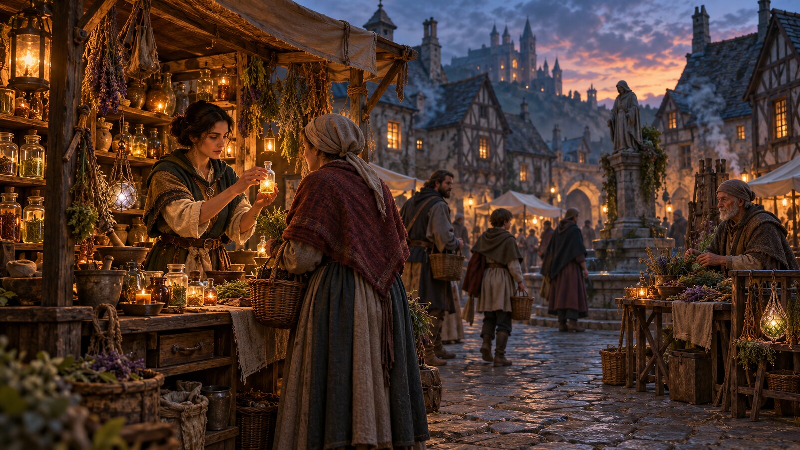 A twilight fantasy market where a licensed apothecary stall with warded charms faces a quiet hedge table across the square