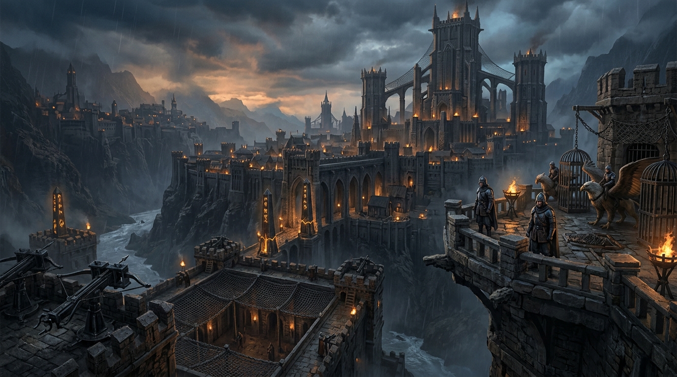 Cliffside fortress city with walled lower town, netted courtyards, rooftop watch platforms, and terraced granaries cut into the rock