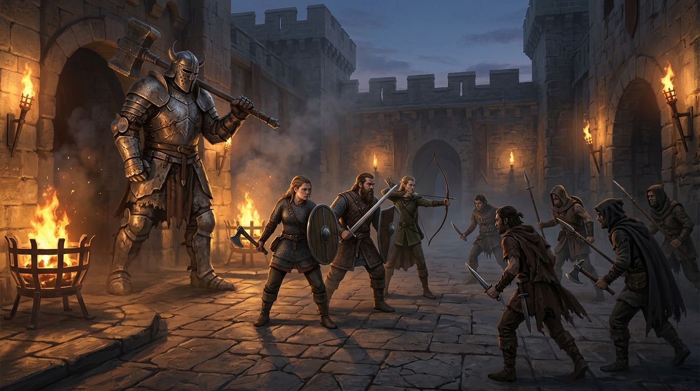 Three adventurers in a torchlit castle courtyard between one towering armoured giant and a group of smaller raiders closing in