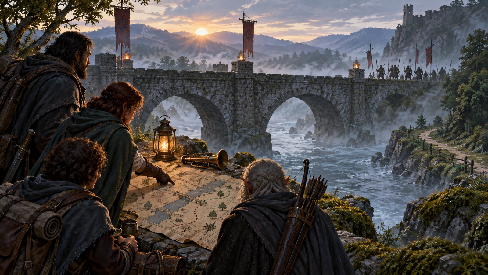 Adventurers planning a route across a stone bridge, with a map, signal horn and safe retreat path visible at dawn