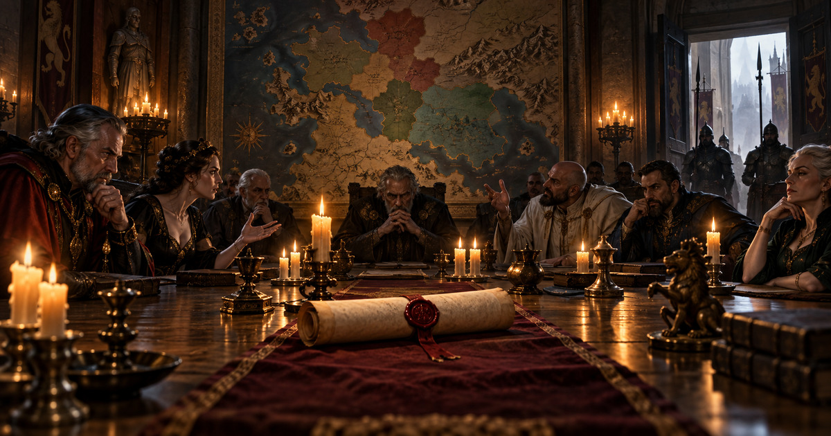 A candlelit council chamber with a sealed constitution on the table, armed officers waiting in the doorway and a map of provinces behind a divided senate