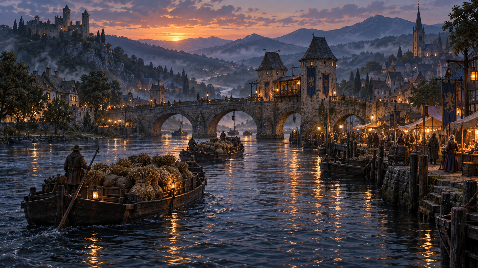 A fantasy river valley with grain barges, a toll bridge, and a market town beneath wooded hills