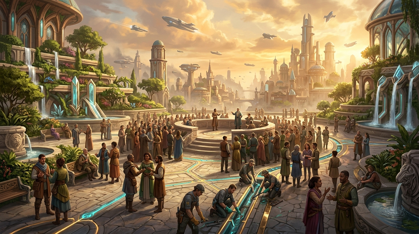 Citizens of a prosperous science-fantasy city debating in a civic plaza while repair crews tend glowing energy conduits below terraced gardens