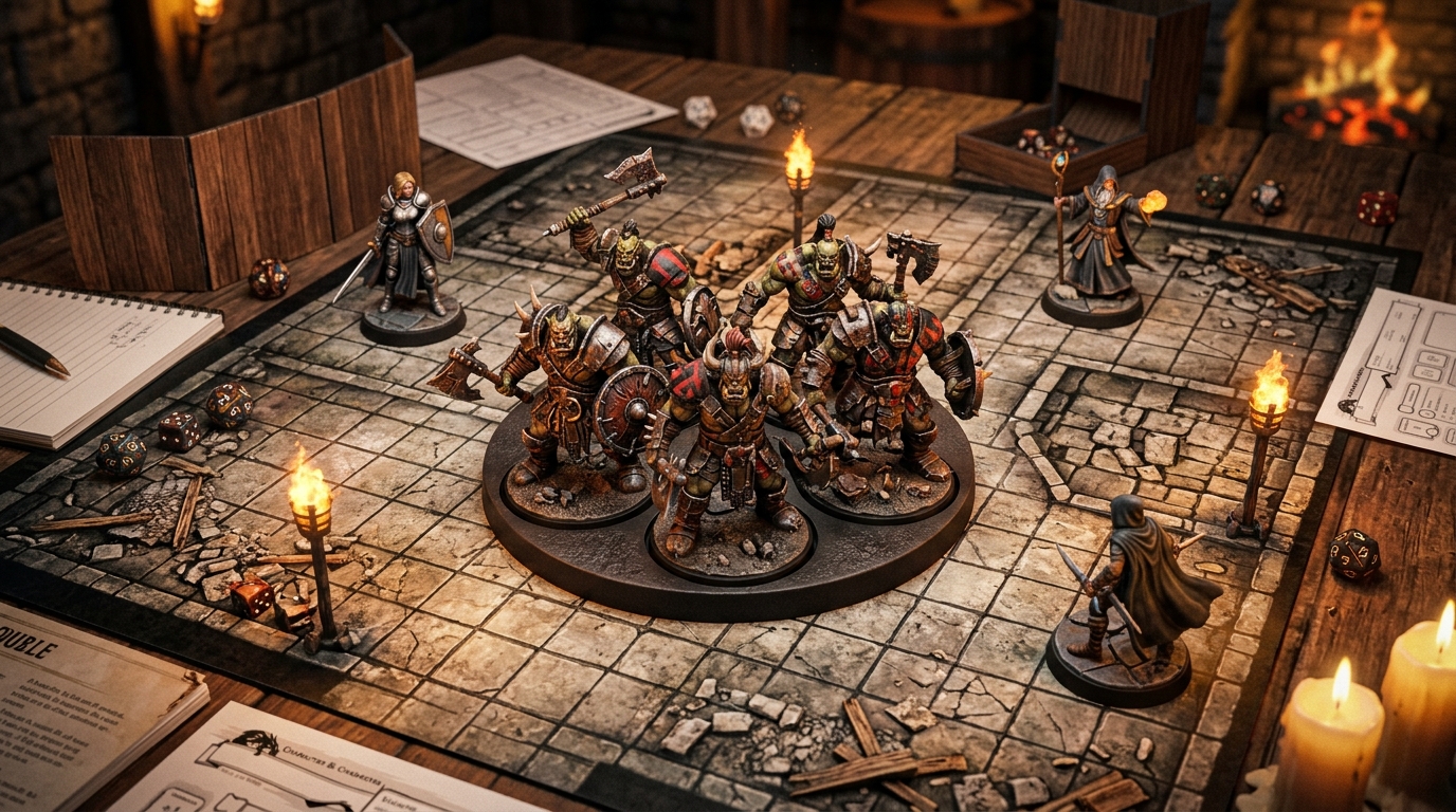 Five orc fighters in tight formation sharing a single squad base on a battle map, surrounded by player tokens under torchlight